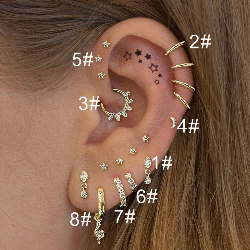 Helix Conch Piercing Snake Earrings for Women Silver Color Moon Star Daith Tragus Cartilage Ear Hoop Septum Rook Fashion Jewelry