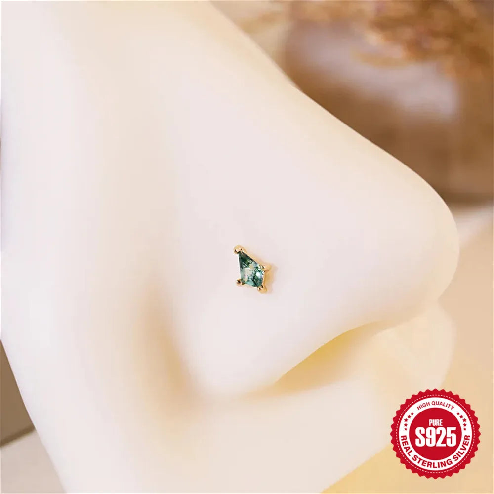 Natural Moss Agate Threaded Puncture Ear Bone, Nail 925 Sterling Silver Tassel Geometric, Nice Green Moss Piercing Earring