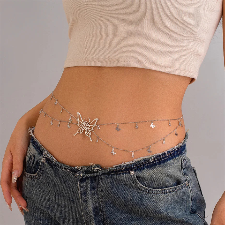 Boho Schmetterling Taille Bauch Gürtel Kette für Frauen Sommer Bikini Kristall Quaste Anhänger Link Körper Schmuck Geschenk