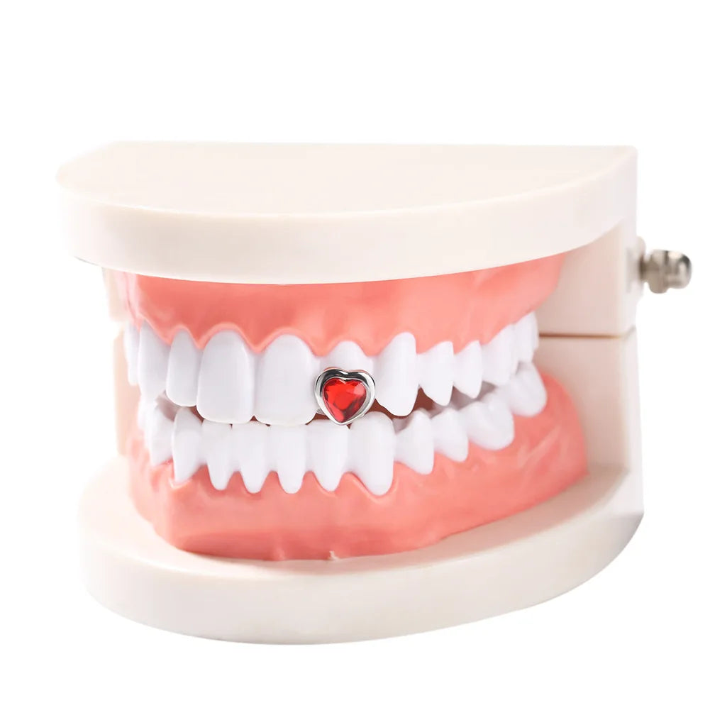 Unique Hip Hop Single Red Green Heart Zircon Teeth, Grillz Silver Color Shiny Crystal Tooth Jewelry, Caps For Women Men Jewelry Gift