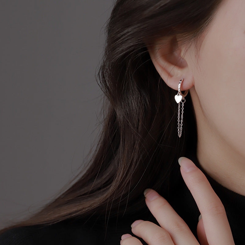 Silver Color Heart-shaped Charm Earrings for Women Temperament Tassel Chain Ear Buckle Beautiful Fashion Jewelry, Nice Gift