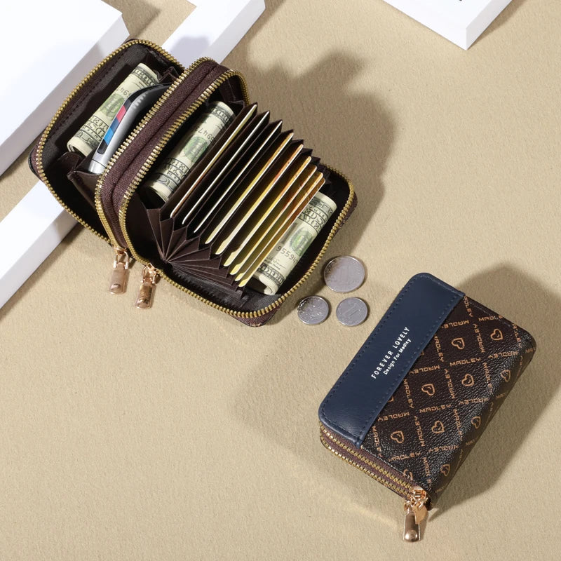 RFID Protection Mini Wallet - Chic Faux Leather with Double Zipper, Multiple Card Slots & Slip Pocket, Compact Classic Clutch