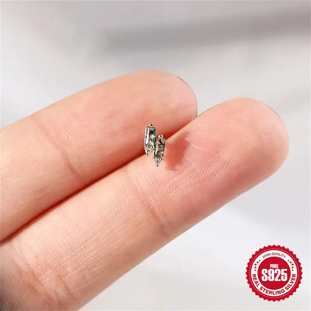 Natural Moss Agate Threaded Puncture Ear Bone, Nail 925 Sterling Silver Tassel Geometric, Nice Green Moss Piercing Earring