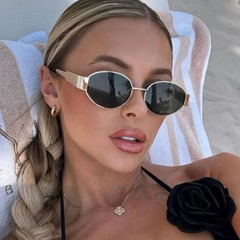 Charming Fashion Oval Sunglasses For Women, Lovely Retro Trend Outdoor Metal Sun Glasses, High Quality Classic Luxury And Eyewear UV400 Goggles