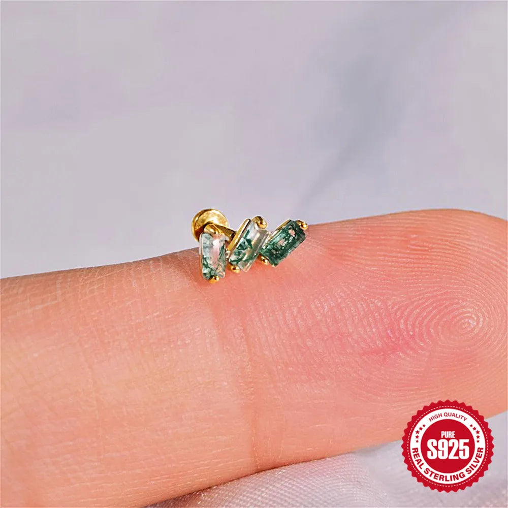 Natural Moss Agate Threaded Puncture Ear Bone, Nail 925 Sterling Silver Tassel Geometric, Nice Green Moss Piercing Earring