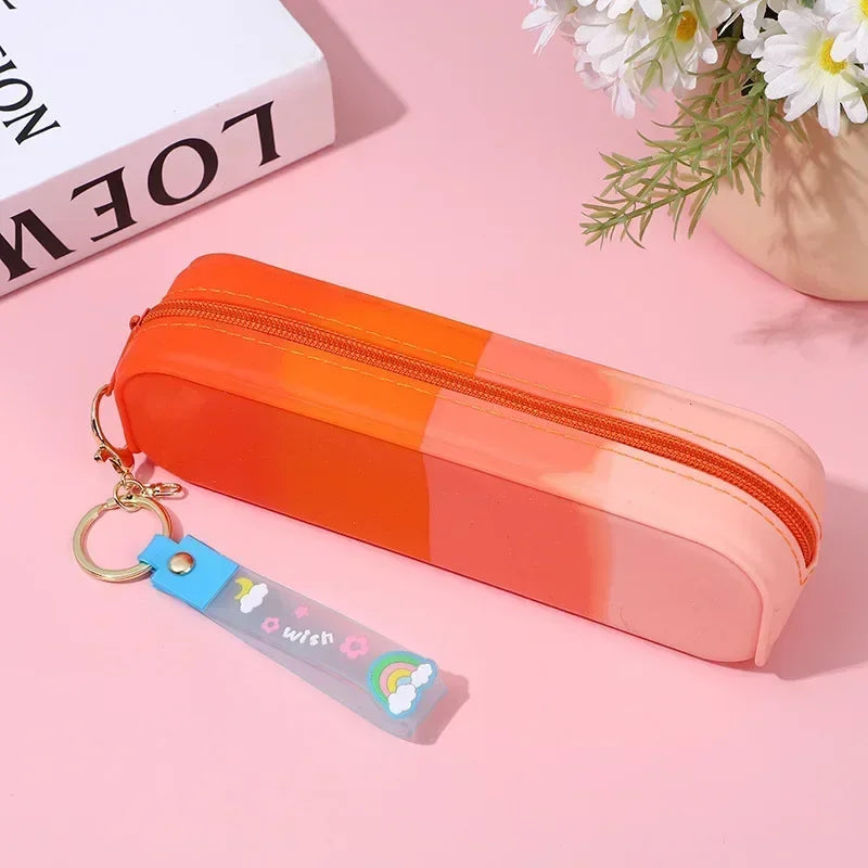 1Pc Cute Gradient Silicone Pencil Case Lovely Kids Waterproof Stationery Organizer Pen Kawaii School Supplies with Cartoon Rope