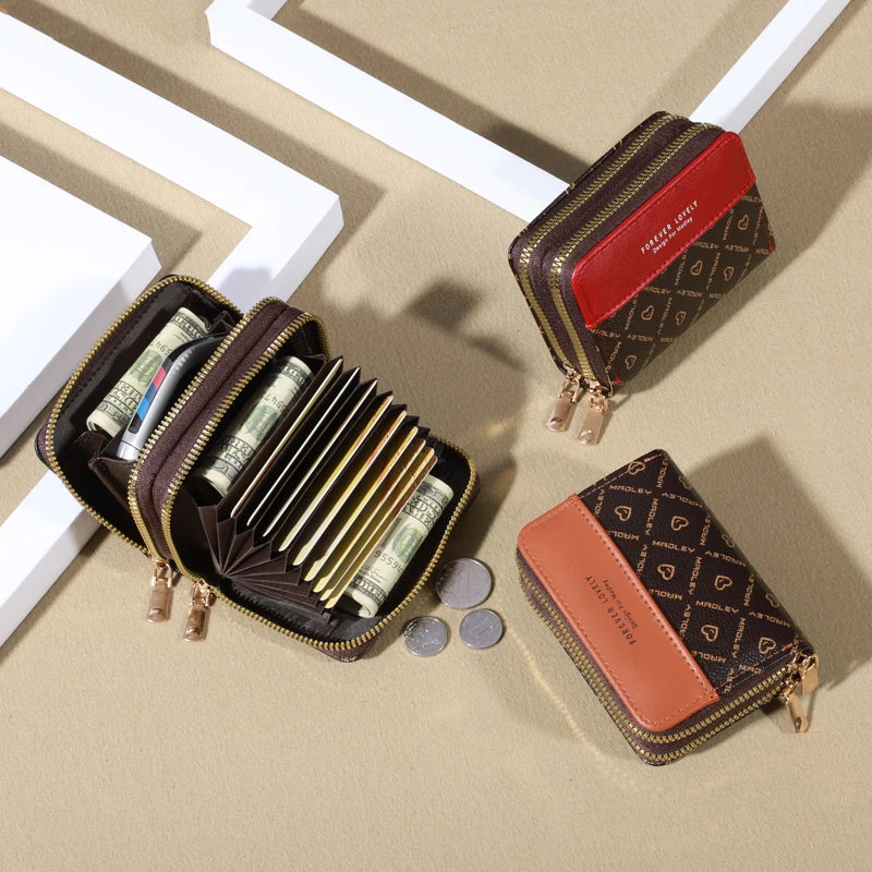 RFID Protection Mini Wallet - Chic Faux Leather with Double Zipper, Multiple Card Slots & Slip Pocket, Compact Classic Clutch