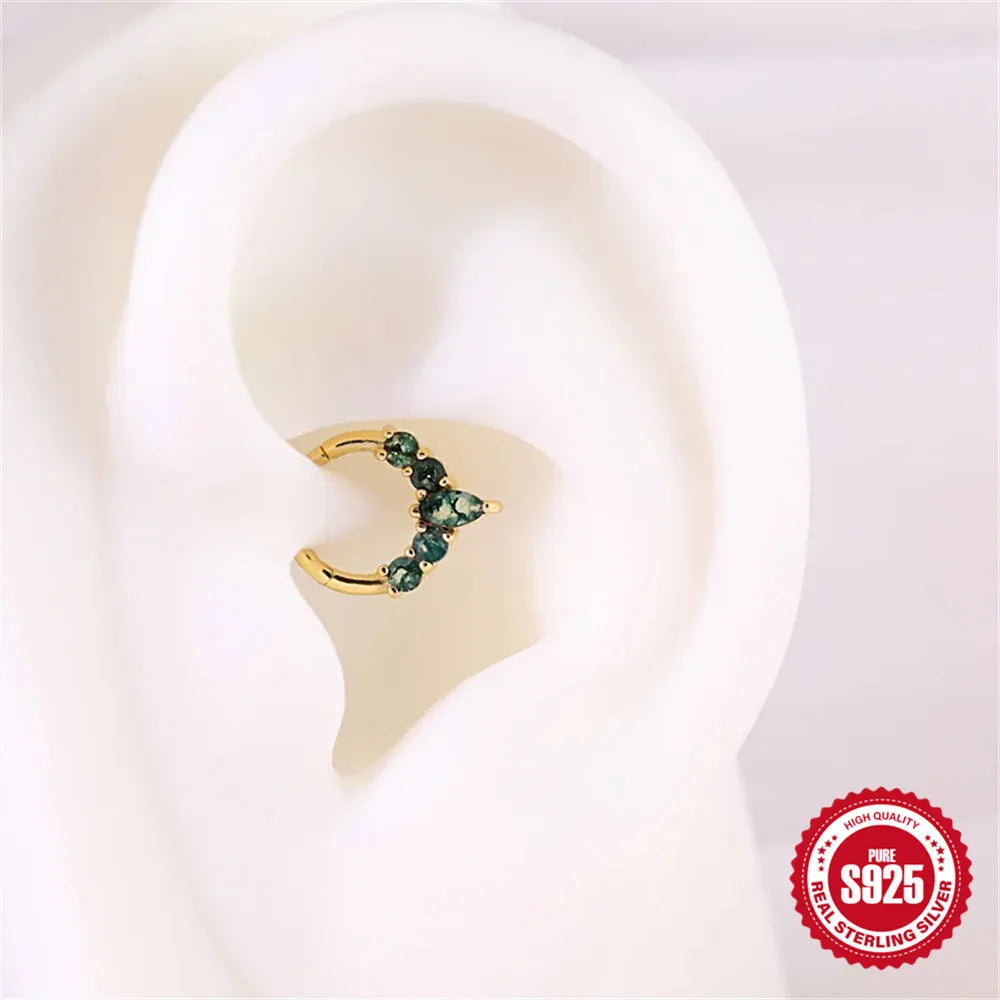 Natural Moss Agate Threaded Puncture Ear Bone, Nail 925 Sterling Silver Tassel Geometric, Nice Green Moss Piercing Earring