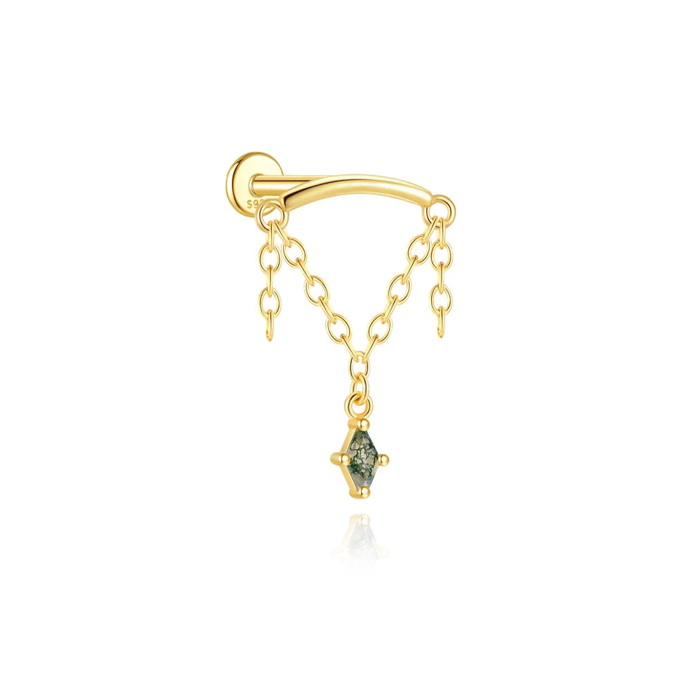 Natural Moss Agate Threaded Puncture Ear Bone, Nail 925 Sterling Silver Tassel Geometric, Nice Green Moss Piercing Earring