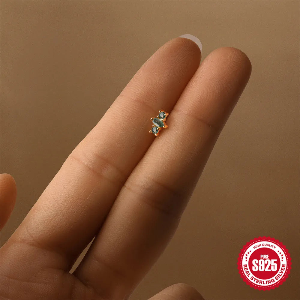 Natural Moss Agate Threaded Puncture Ear Bone, Nail 925 Sterling Silver Tassel Geometric, Nice Green Moss Piercing Earring