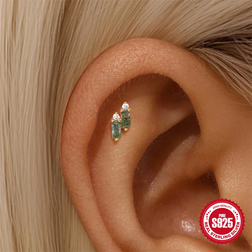 Natural Moss Agate Threaded Puncture Ear Bone, Nail 925 Sterling Silver Tassel Geometric, Nice Green Moss Piercing Earring