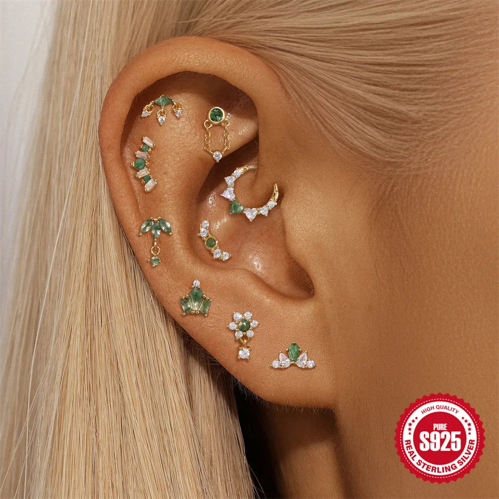 Natural Moss Agate Threaded Puncture Ear Bone, Nail 925 Sterling Silver Tassel Geometric, Nice Green Moss Piercing Earring