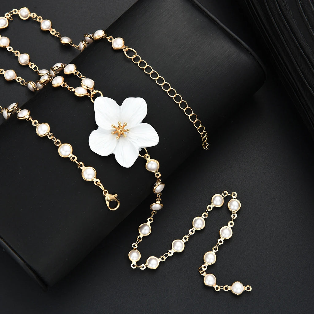 Elegant Women‘S Long Tassel Pearl Flower Necklace Fashion Gold White Color Pendants Necklace Beach Party Jewelry Accessories New