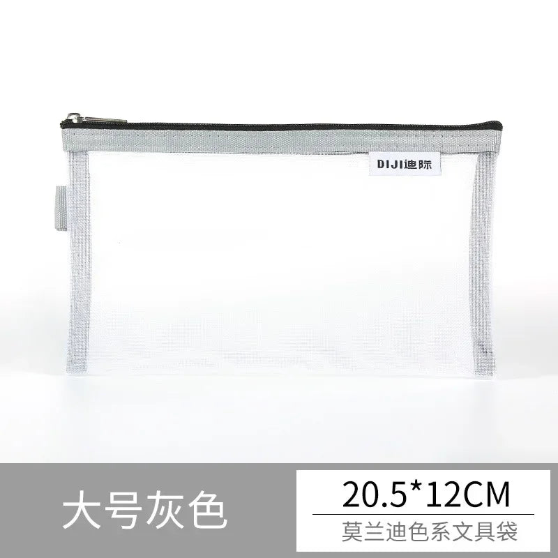 Cute Simple Morandi Color Edge Transparent Mesh Pencil Case Kawaii Pen Bag Student Stationery Aesthetic Back to School Supplies