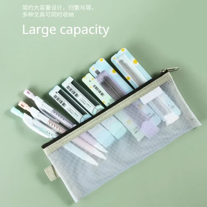Cute Simple Morandi Color Edge Transparent Mesh Pencil Case Kawaii Pen Bag Student Stationery Aesthetic Back to School Supplies