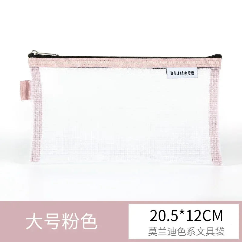 Cute Simple Morandi Color Edge Transparent Mesh Pencil Case Kawaii Pen Bag Student Stationery Aesthetic Back to School Supplies