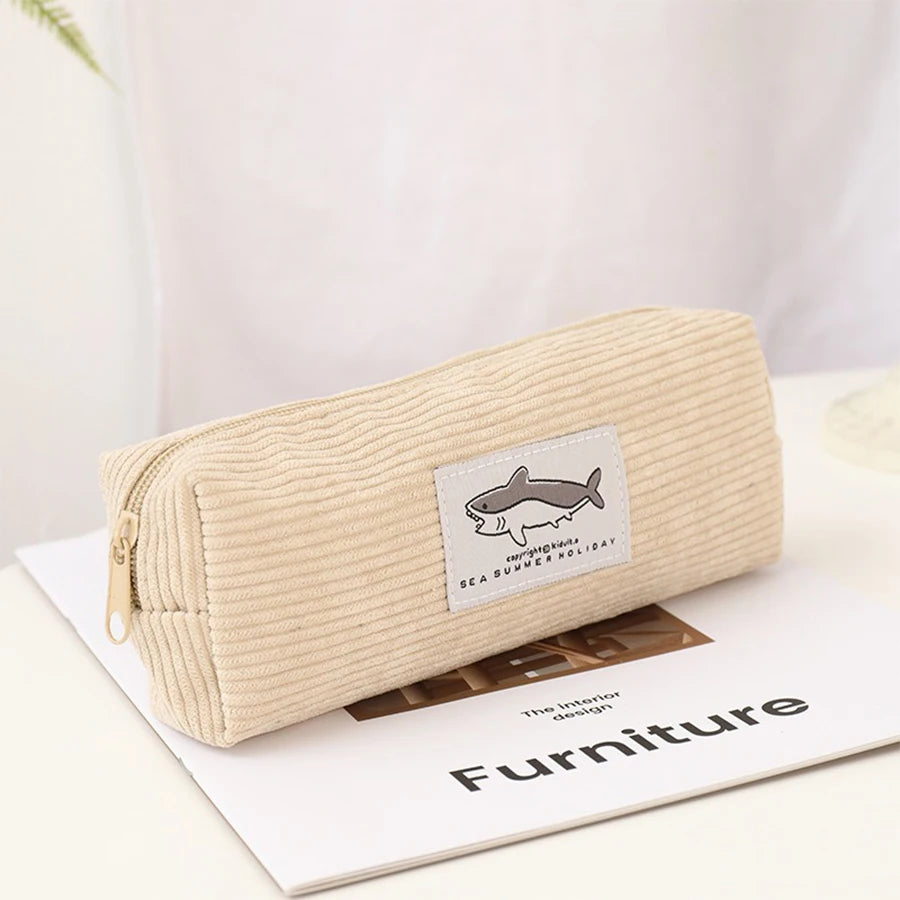 Cute Shark Pencil Case Unisex Korean Style Dirty Corduroy Resistant Storage Bag for Girls School Student Supplies Stationery