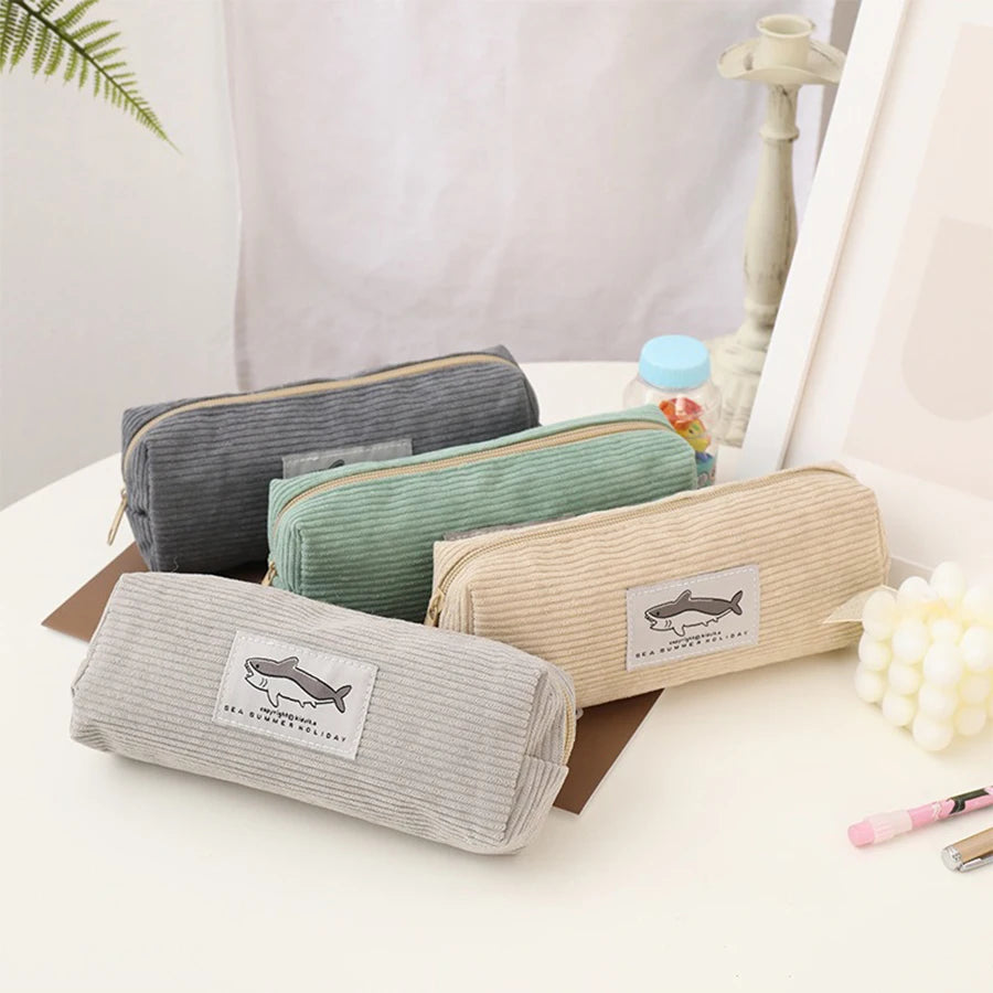 Cute Shark Pencil Case Unisex Korean Style Dirty Corduroy Resistant Storage Bag for Girls School Student Supplies Stationery