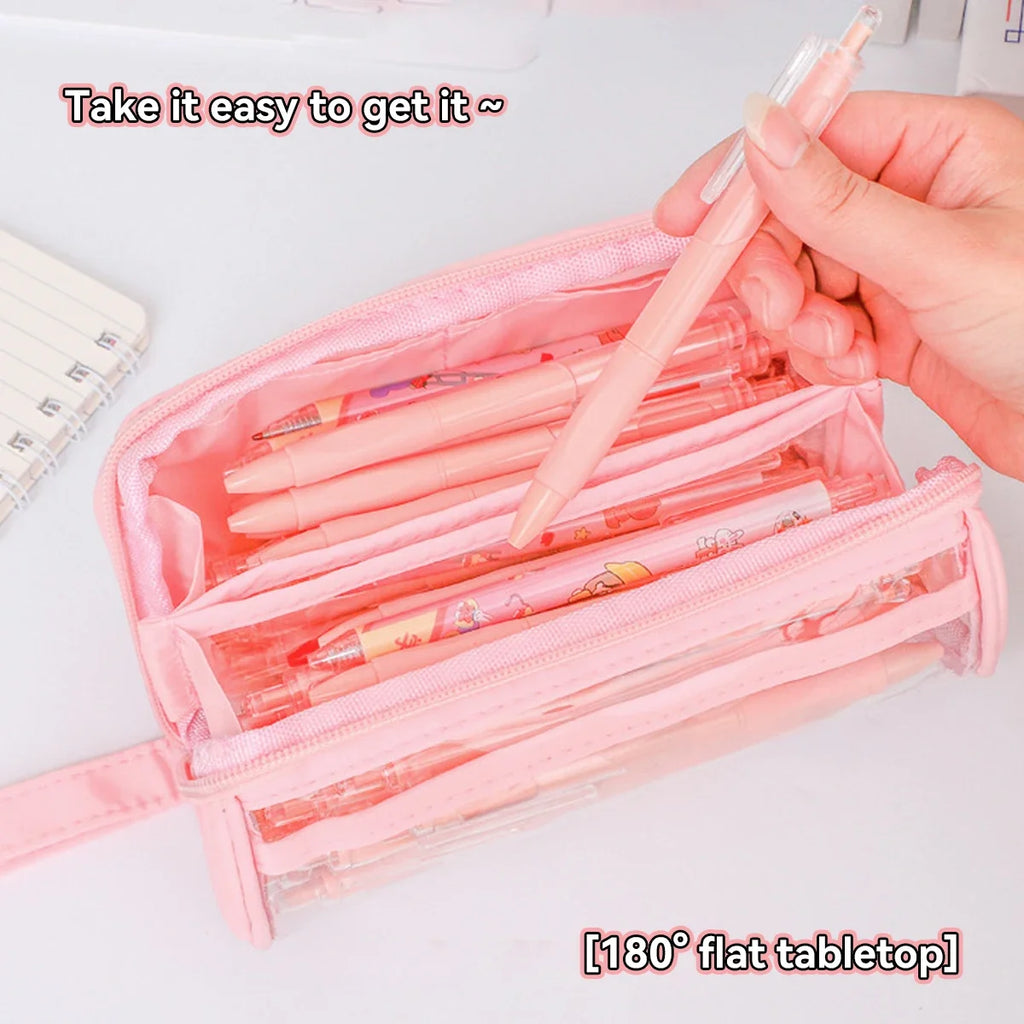 Frosted Transparent Pencil Case Double Layer School Organizer with Keychain Cute Aesthetic Stationery Box for Teens Girls & Boys