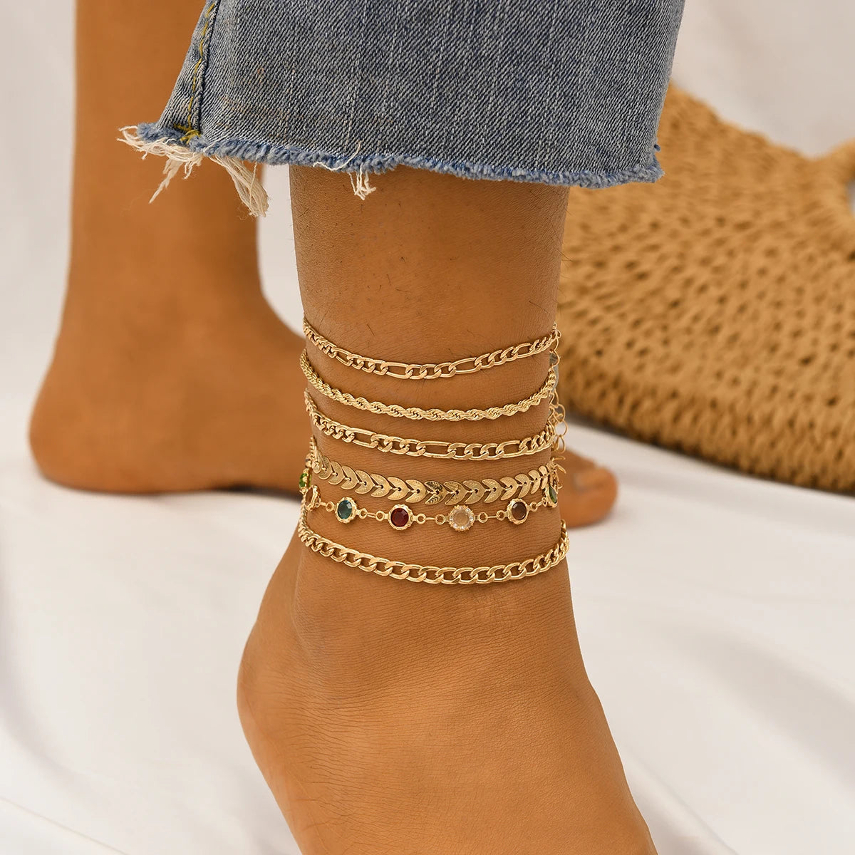 6Pcs/Set Gold Color Twisted Cuban Chain Anklet Set for Women Fashion Summer Colorful Zircon Anklet Beach Party Jewelry Gifts New