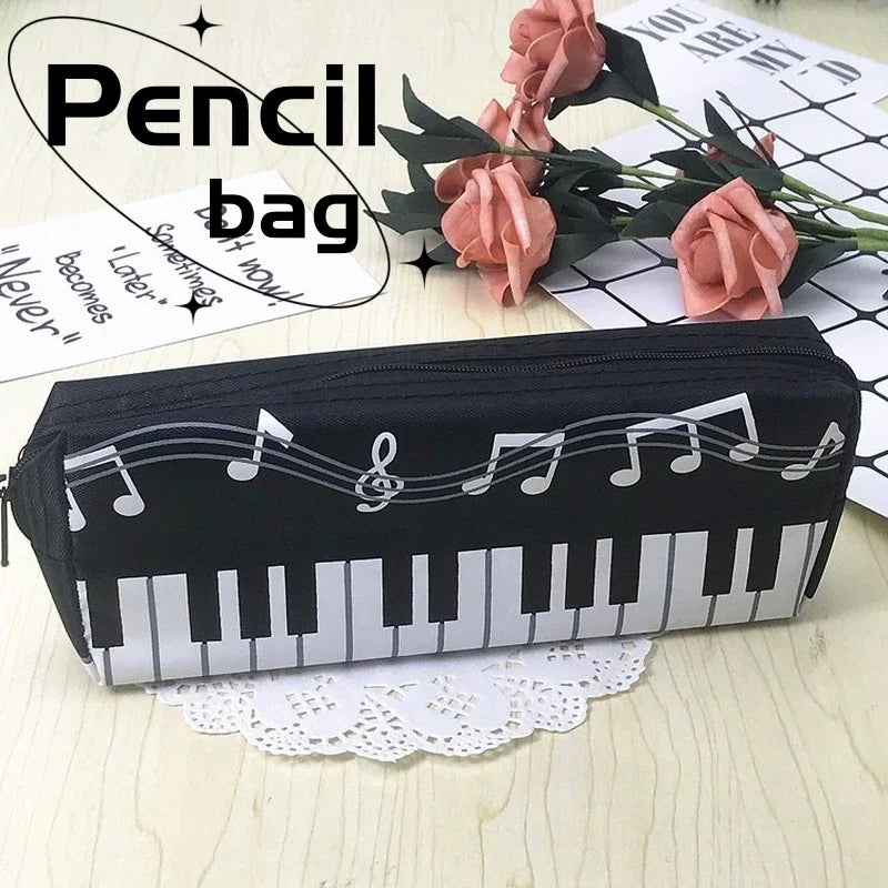 Classic Music-Themed Pencil Bag Piano Score Note Pattern Student Stationery Bag Zipper Handle Large Capacity Pencil Cases