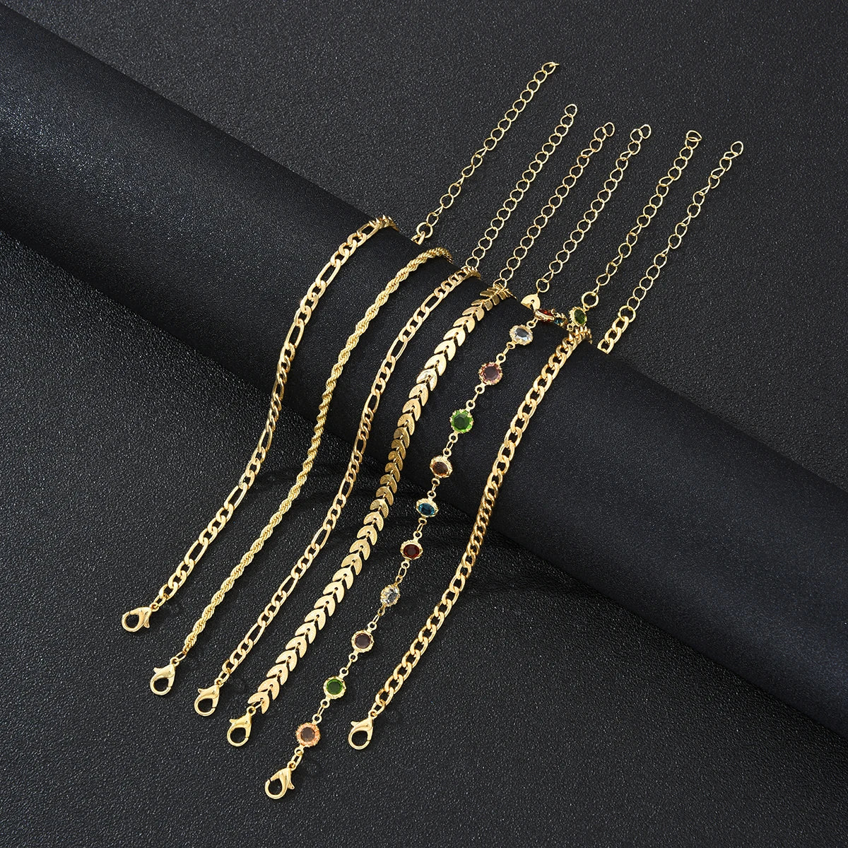 6Pcs/Set Gold Color Twisted Cuban Chain Anklet Set for Women Fashion Summer Colorful Zircon Anklet Beach Party Jewelry Gifts New