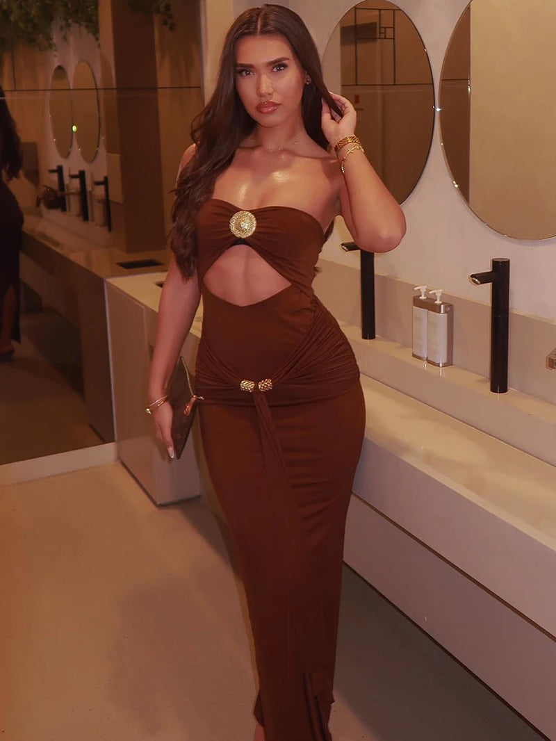 Hollow Out Backless Sexy Maxi Dress Women Gown Summer New Off-Shoulder Strapless Sleeveless Ruched Club Long Dress