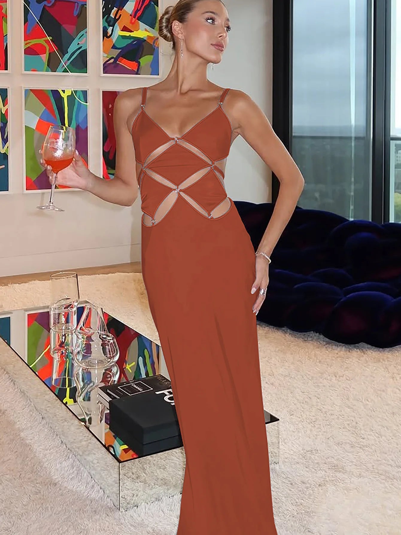 2025 Spring Solid Slips V Neck Hollow Out Backless Sexy Bodycon Maxi Dress Women Fashion Outfits Birthday Vacation Y2K