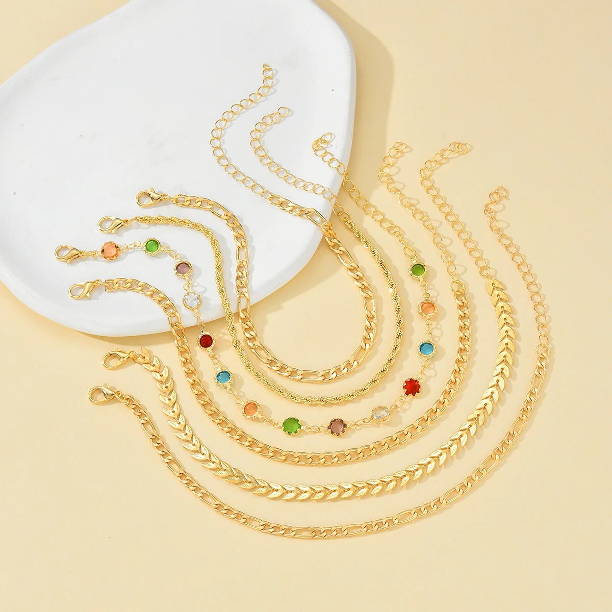 6Pcs/Set Gold Color Twisted Cuban Chain Anklet Set for Women Fashion Summer Colorful Zircon Anklet Beach Party Jewelry Gifts New