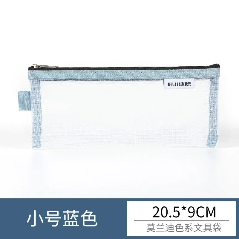 Cute Simple Morandi Color Edge Transparent Mesh Pencil Case Kawaii Pen Bag Student Stationery Aesthetic Back to School Supplies