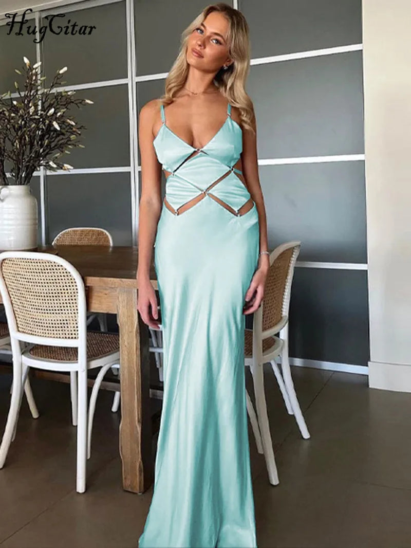 2025 Spring Solid Slips V Neck Hollow Out Backless Sexy Bodycon Maxi Dress Women Fashion Outfits Birthday Vacation Y2K