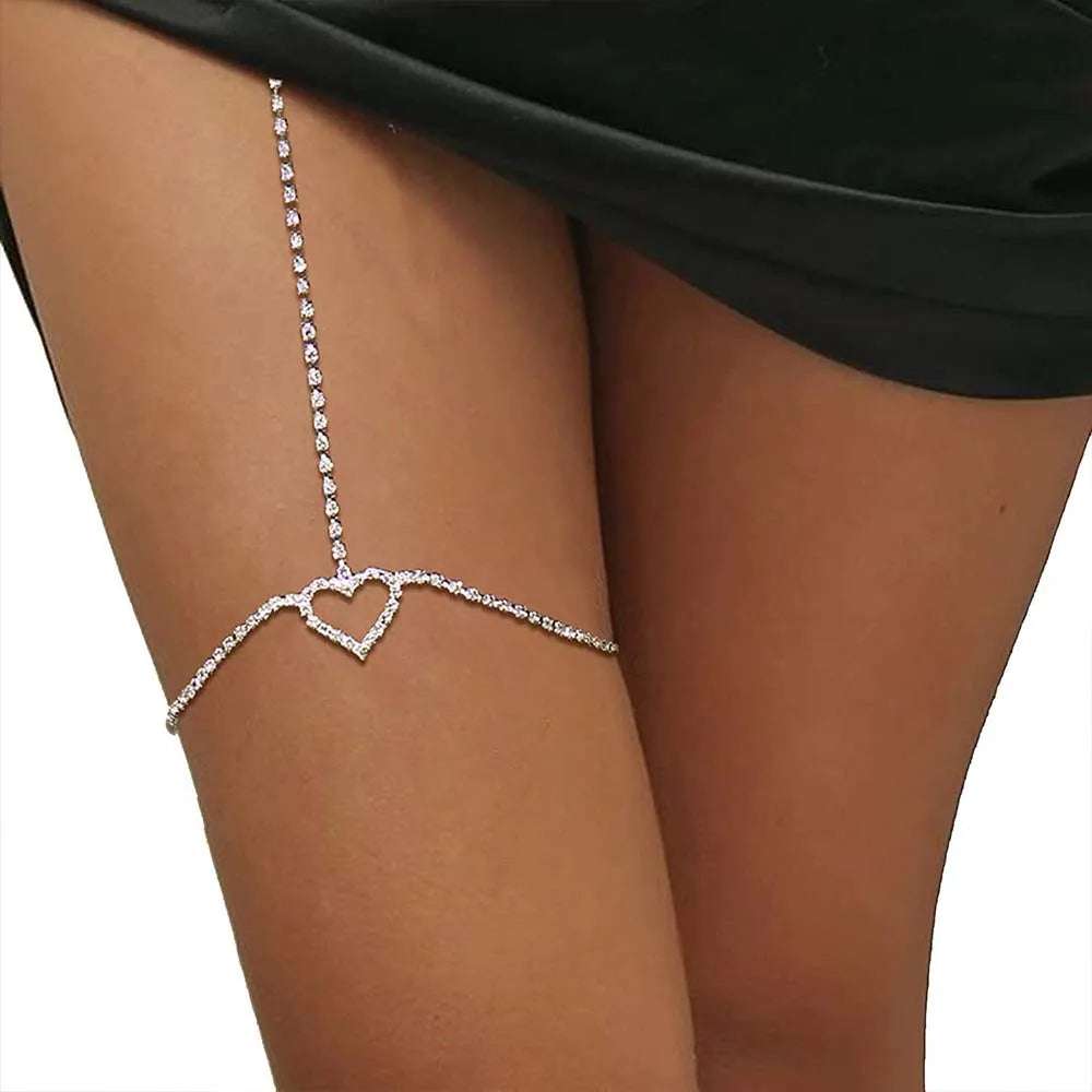 Beach Rhinestone Heart Thigh Chain Sexy Leg Women Bling Crystal Body Chain Waist Belly Rave Outfit Thigh Nightclub Dancer Gifts