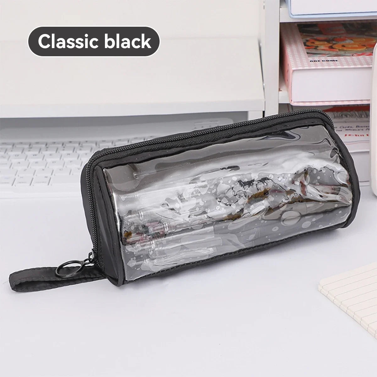 Frosted Transparent Pencil Case Double Layer School Organizer with Keychain Cute Aesthetic Stationery Box for Teens Girls & Boys