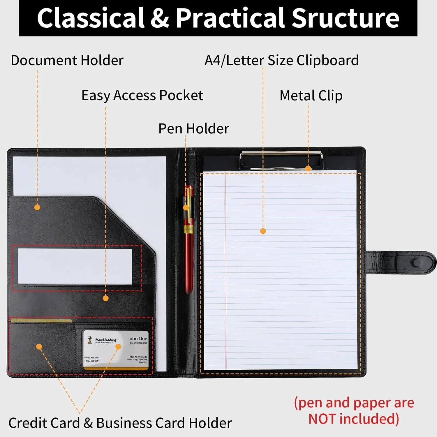 New A4 Letter Size Professional Padfolio with Clipboard, Faux Leather Portfolio Folder Binder, for Business Office Conference