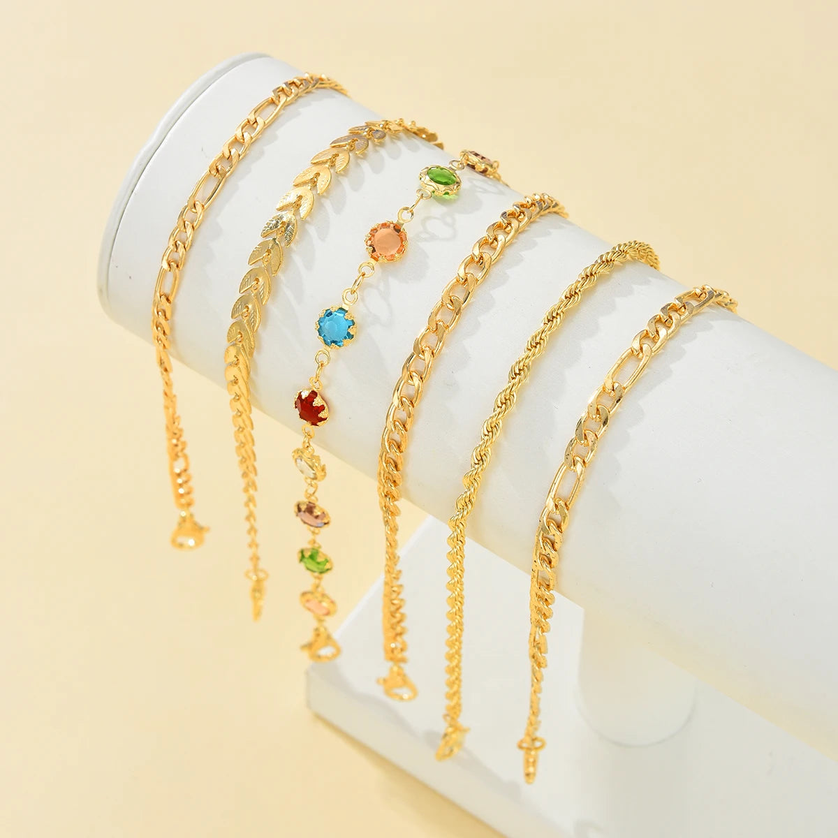 6Pcs/Set Gold Color Twisted Cuban Chain Anklet Set for Women Fashion Summer Colorful Zircon Anklet Beach Party Jewelry Gifts New