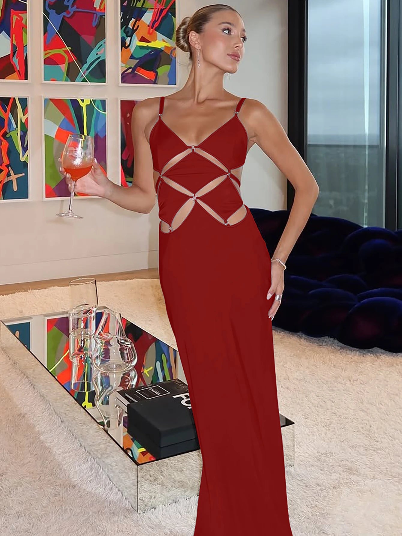 2025 Spring Solid Slips V Neck Hollow Out Backless Sexy Bodycon Maxi Dress Women Fashion Outfits Birthday Vacation Y2K