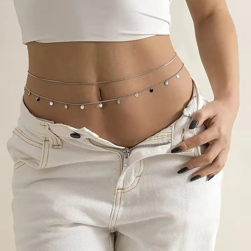 2Pcs round Coin Shape Tassel Pendant Thin Waist Chain Simple Boho Double Layers Body Chain Summer Beach Jewelry Gifts 2024 New