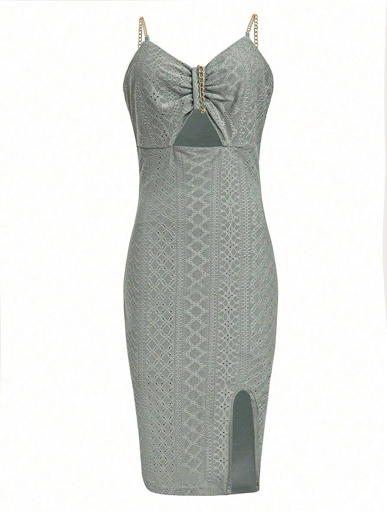EMERY ROSE Women Fashion Solid Color Diamond Grid Pattern Printed Hollow Out Cami Dress