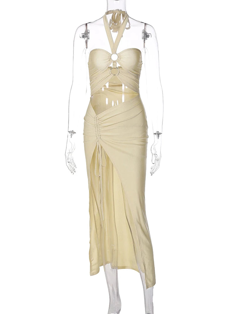 Satin Solid Halter Backless Draped Hollow Out Shirring Bandage Slim Maxi Prom Dress Sexy Summer Elegant Outfit Party