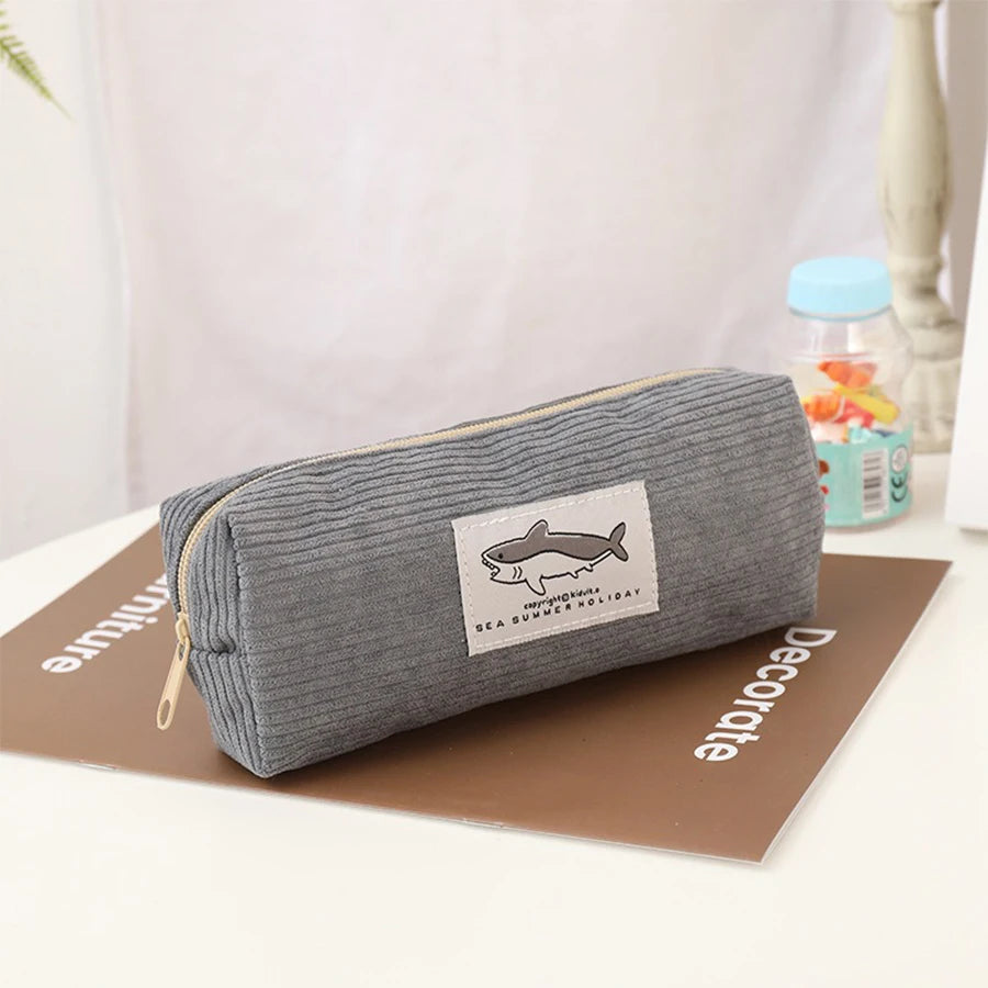 Cute Shark Pencil Case Unisex Korean Style Dirty Corduroy Resistant Storage Bag for Girls School Student Supplies Stationery