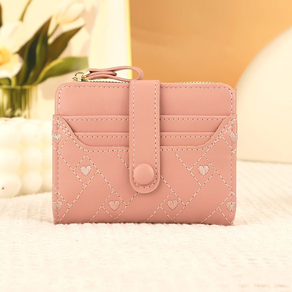 Women'S Short Wallet with Heart-Shaped Embroidery Thread, Zero Wallet, Zipper Buckle, Women'S Multi Card Slot Card Bag, Fashiona